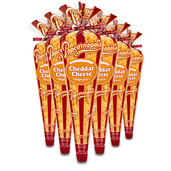 A picture of six regular cones of Popcornopolis® flavored Cheddar Cheese gourmet popcorn.
