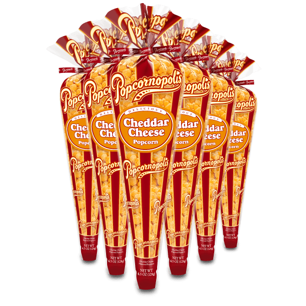 A picture of six regular cones of Popcornopolis® flavored Cheddar Cheese gourmet popcorn.