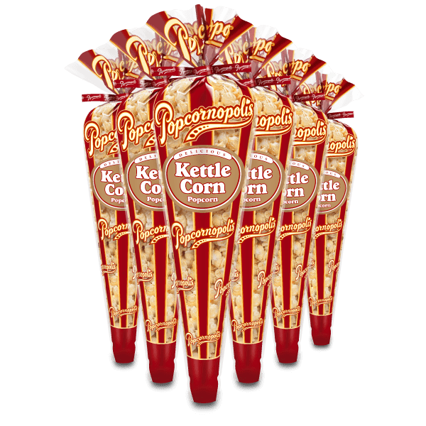 A picture of six regular cones of Popcornopolis® flavored Kettle Corn gourmet popcorn.