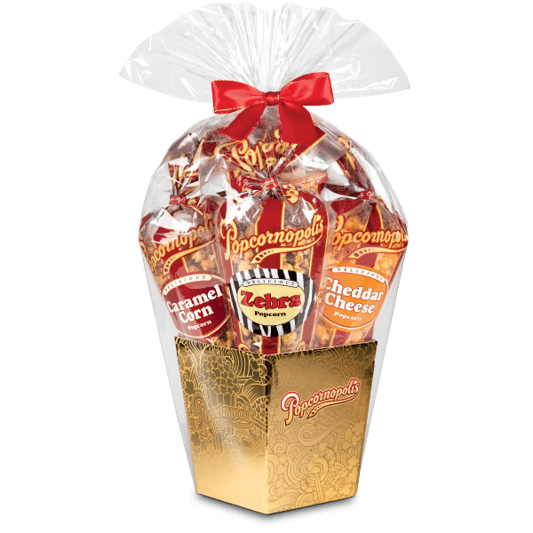 A picture of a Gold Celebration 5 cones flavored Cheddar Cheese, Caramel Corn, Kettle Corn, Cinnamon Toast and Zebra®. assorted popcorn.