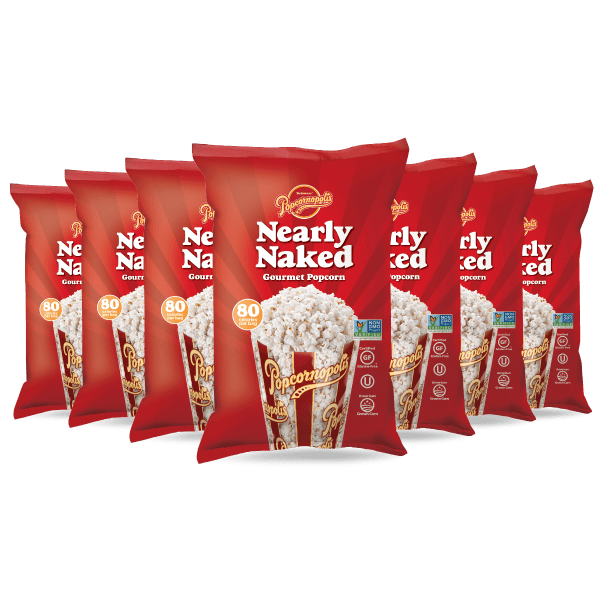 A picture of seven bags of Popcornopolis® flavored Nearly Naked gourmet popcorn.