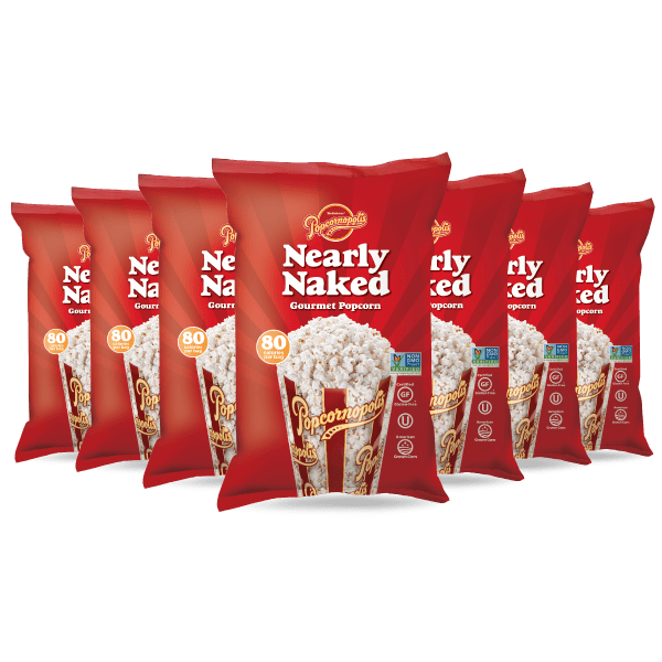 A picture of seven bags of Popcornopolis® flavored Nearly Naked gourmet popcorn.