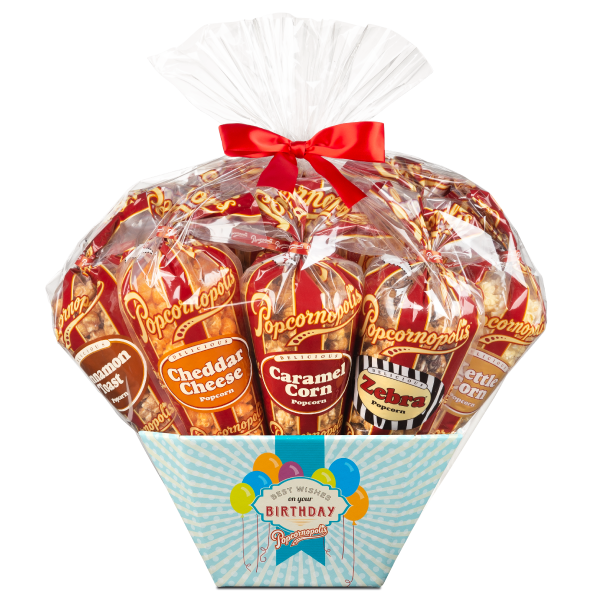 A picture of a Happy Birthday 12 cone assorted gourmet popcorn gift basket flavored Cheddar Cheese, Caramel Corn, Kettle Corn, Cinnamon Toast and Zebra®.
