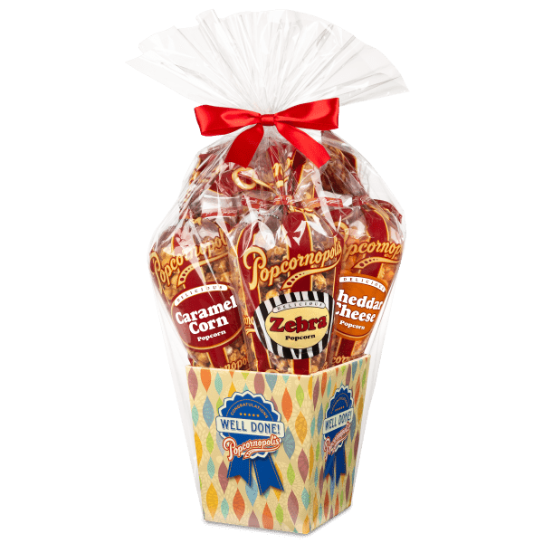 A picture of a Congrats 5 regular cones flavored Cheddar Cheese, Caramel Corn, Kettle Corn, Cheddar Cheese and Zebra®. assorted popcorn.