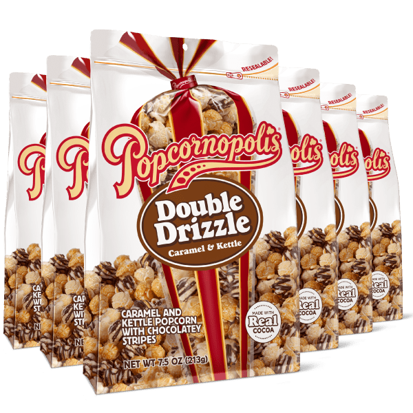 A picture of gourmet Popcornopolis® pouches flavored Double Drizzle.