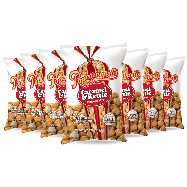 Bags of Popcornopolis® flavored Caramel and Kettle gourmet popcorn.