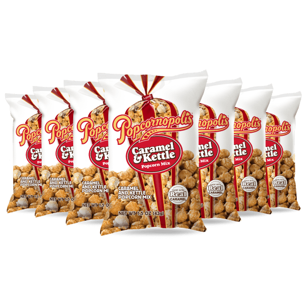 Bags of Popcornopolis® flavored Caramel and Kettle gourmet popcorn.