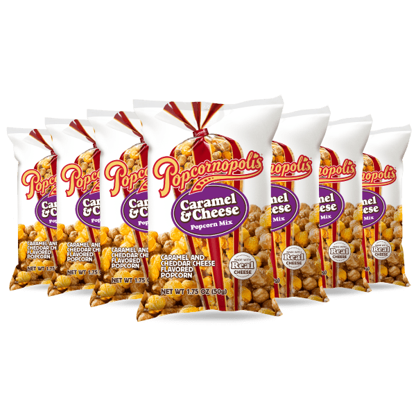 Bags of Popcornopolis® flavored Caramel & Cheese gourmet popcorn.