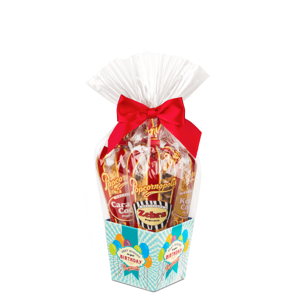 Happy Birthday 5 mini cone assorted gourmet popcorn gift basket