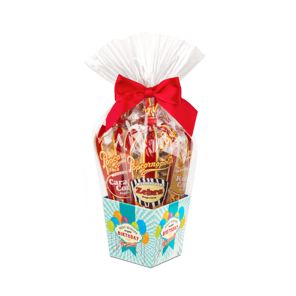 Happy Birthday 5 mini cone assorted gourmet popcorn gift basket