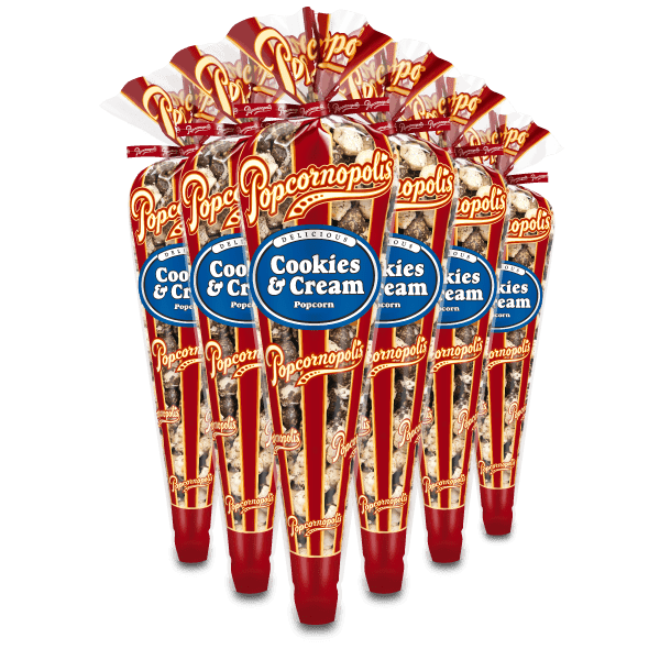 A picture of six regular cones form Popcornopolis® flavored Cookies and Cream gourmet popcorn.
