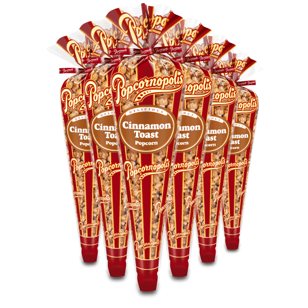 A picture of six regular cones form Popcornopolis® flavored Cinnamon Toast gourmet popcorn.