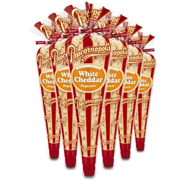 A picture of six regular cones form Popcornopolis® flavored White Cheddar Cheese gourmet popcorn.