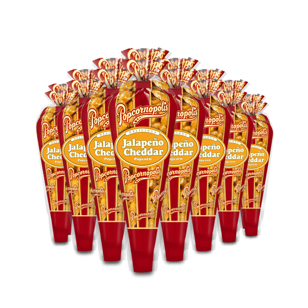 A picture of eight mini cones of Popcornopolis® flavored Jalapeno Cheddar gourmet popcorn.