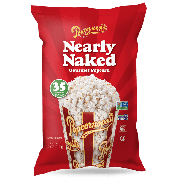 A picture of 20 oz bag of Popcornopolis® flavoredNearly Naked gourmet popcorn.