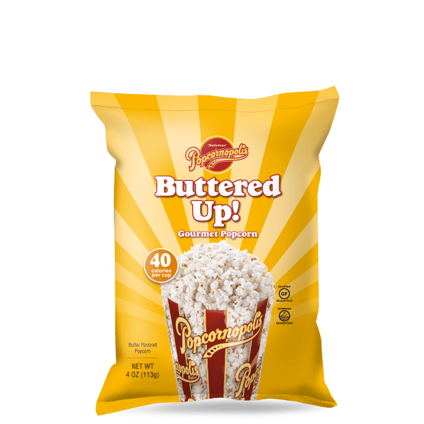 A picture of 4 oz bag of Popcornopolis® flavored Buttered Up gourmet popcorn.