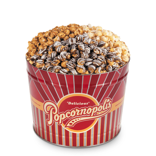 Picture of gourmet popcorn of the Classic Stripe 2-Gallon Tins with gourmet popcorn flavored with Zebra®, Caramel Corn and Kettle Corn.