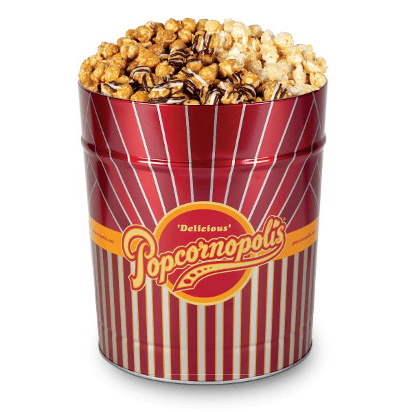 A picture of a 3.5 Gallon Tin of Popcornopolis® gourmet popcorn flavored Zebra®, Caramel Cone and Kettle Cone. Variety assortment.