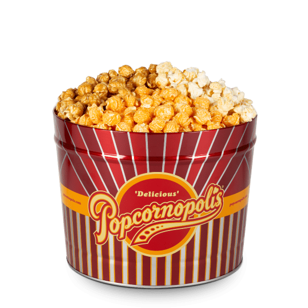 Tin of Popcornopolis® gourmet popcorn assorted cheese caramel