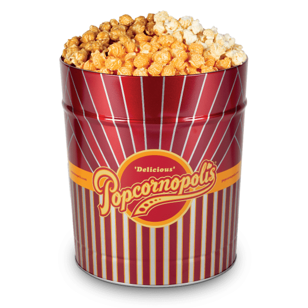 A picture of a 3.5 Gallon Tin of Popcornopolis® gourmet popcorn flavored Cheddar Cheese, Caramel Cone and Kettle Cone. Variety assortment.