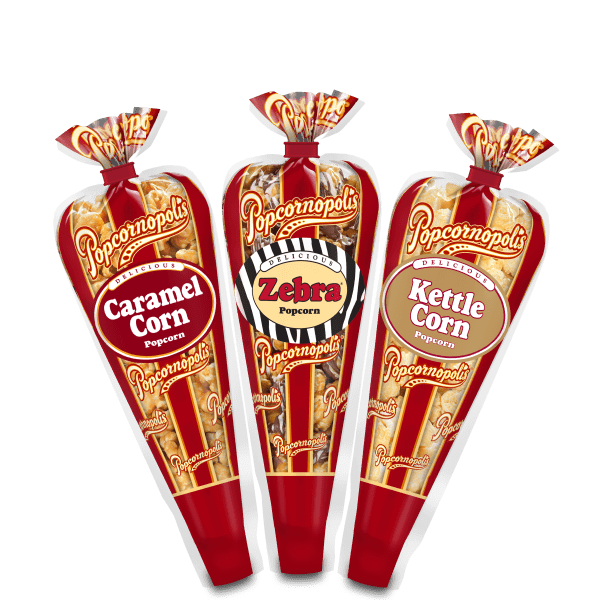 A picture of three mini cone of Popcornopolis® flavored Zebra®, Caramel Corn and Kettle Corn gourmet popcorn assortment.