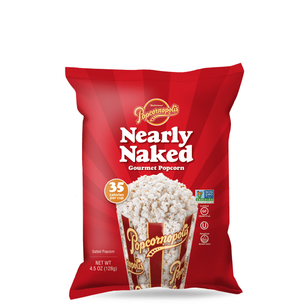 A picture of a 4.5 oz Bag of Popcornopolis® flavored Nearly Naked gourmet popcorn.