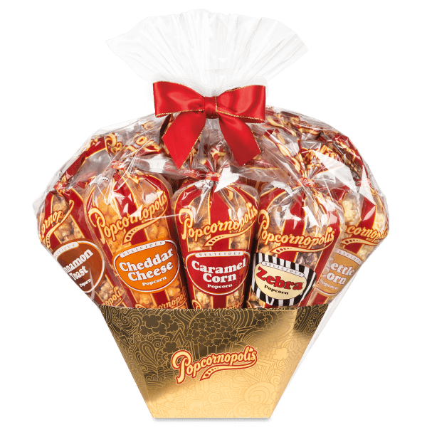 A picture of a Gold celebration 12 cone assorted gourmet popcorn gift basket.
