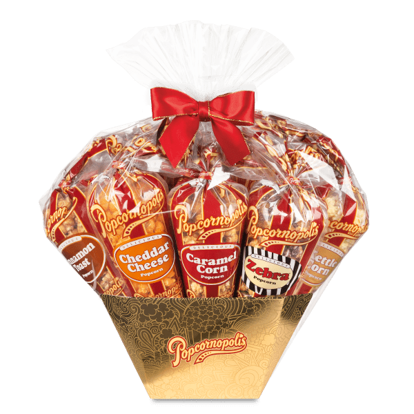 A picture of a Gold celebration 12 cone assorted gourmet popcorn gift basket.