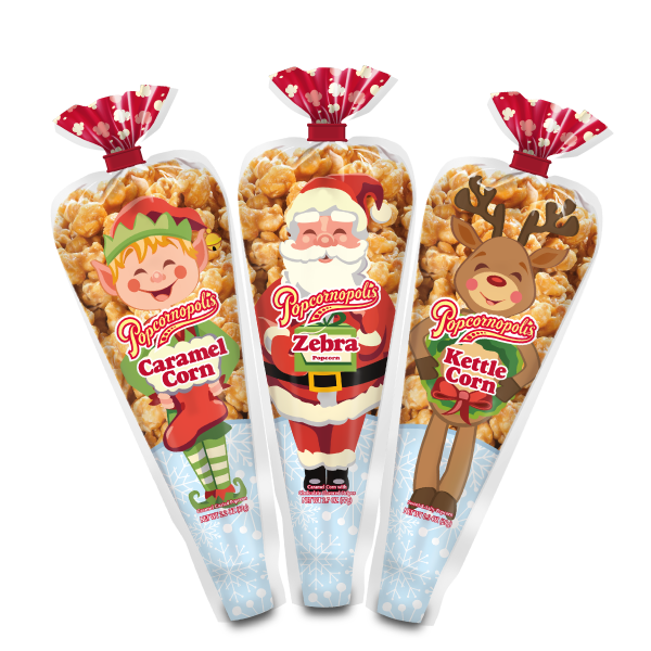 Three Santa and friends gourmet popcorn mini cones in Caramel Corn, Kettle and Zebra® popcorn flavors. Characters include santa claus, elf, and reindeer.