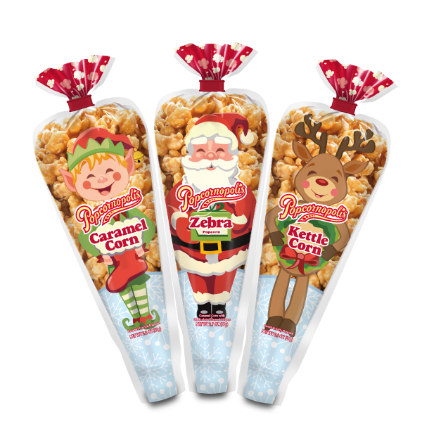 Pictured gourmet popcorn of 3 mini-Christmas theme cones with Santa, Elf and Reindeer. 1 minis cone flavored of Caramel Corn. 1 mini cone of flavored of Kettle Corn. 1 minis cone flavored of Zebra® Popcorn.