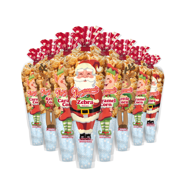 Group of Santa and friends gourmet popcorn mini cones in Caramel Corn, Kettle Corn and Zebra® gourmet popcorn flavors. Characters include santa claus, elf, reindeer, and snowman.
