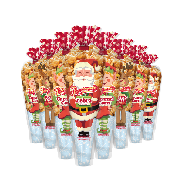Group of Santa and friends gourmet popcorn mini cones in Caramel Corn, Kettle Corn and Zebra® gourmet popcorn flavors. Characters include santa claus, elf, reindeer, and snowman.