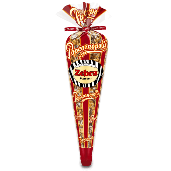 Picture of a gourmet regular cone flavored Zebra® Popcorn cone gourmet popcorn.