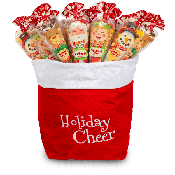 Picture of a red and white Santa bag with the word "Holiday Cheer". With Christmas theme gourmet popcorn cones of Santa, deer's, elf's, and snowman's cones. Flavored of Zebra® Popcorn, Caramel Corn, Cheddar Cheese and Kettle Corn.