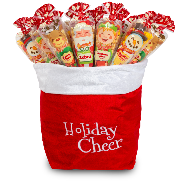 Picture of a red and white Santa bag with the word "Holiday Cheer". With Christmas theme gourmet popcorn cones of Santa, deer's, elf's, and snowman's cones. Flavored of Zebra® Popcorn, Caramel Corn, Cheddar Cheese and Kettle Corn.