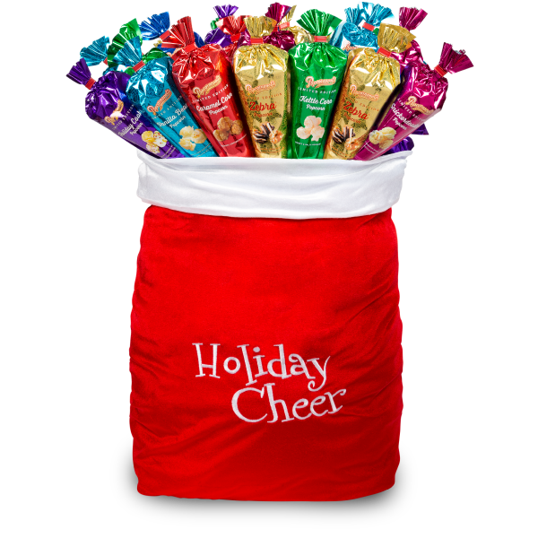 Picture of a red and white Santa bag with the word "Holiday Cheer" full of red, blue, gold, pink, purple and green metallic gourmet popcorn cones.