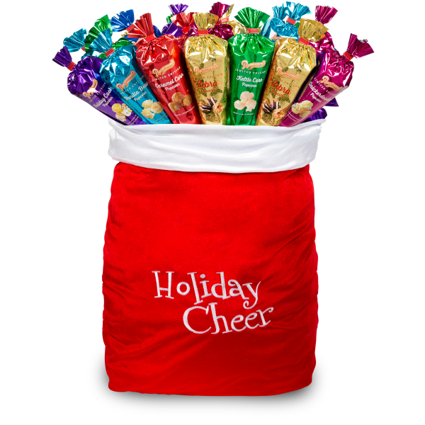 Picture of a red and white Santa bag with the word "Holiday Cheer" full of red, blue, gold, pink, purple and green metallic gourmet popcorn cones.