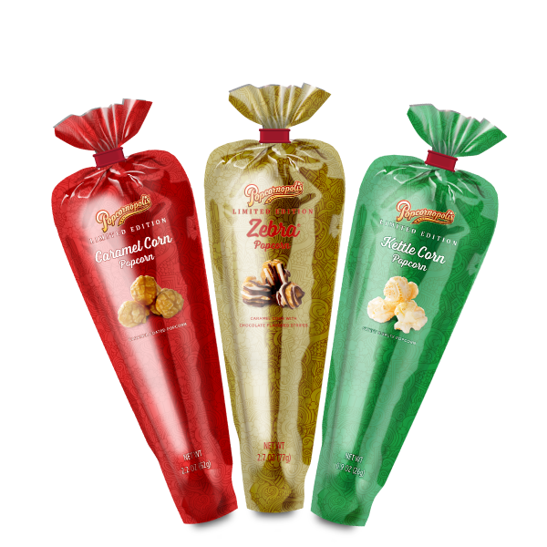 A picture of three gourmet metallic mini cones in Caramel Corn (red), Kettle Corn (green) and Zebra® (gold) gourmet popcorn flavors.