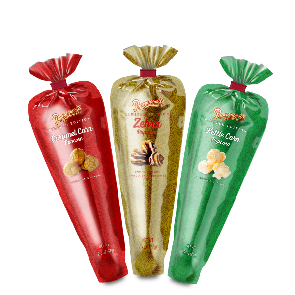 A picture of three gourmet metallic mini cones in Caramel Corn (red), Kettle Corn (green) and Zebra® (gold) gourmet popcorn flavors.