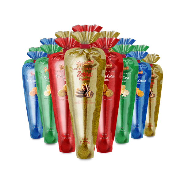 A picture of gourmet metallic mini cones flavored Caramel Corn (red), Kettle Corn (green) cheese (blue), and Zebra® (gold) gourmet popcorn flavors