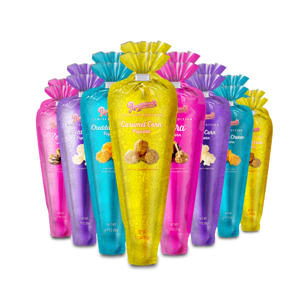 A picture of eight Spring Metallic Mini Cones Premium popcorn gourmet. Colors of the metallic cones yellow, blue, purple and pink.
