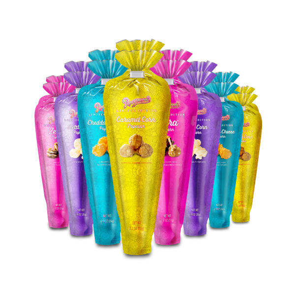 A picture of eight Spring Metallic Mini Cones Premium popcorn gourmet. Colors of the metallic cones yellow, blue, purple and pink.