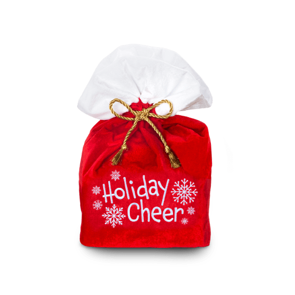 Closed holiday cheer bag with gold bow