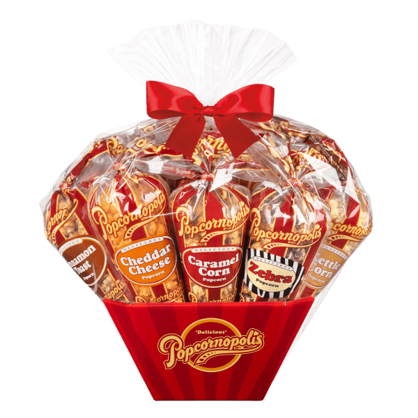 A picture of a Thank You 12 cone assorted gourmet popcorn gift basket flavored Cheddar Cheese, Caramel Corn, Kettle Corn, Cinnamon Toast and Zebra®.