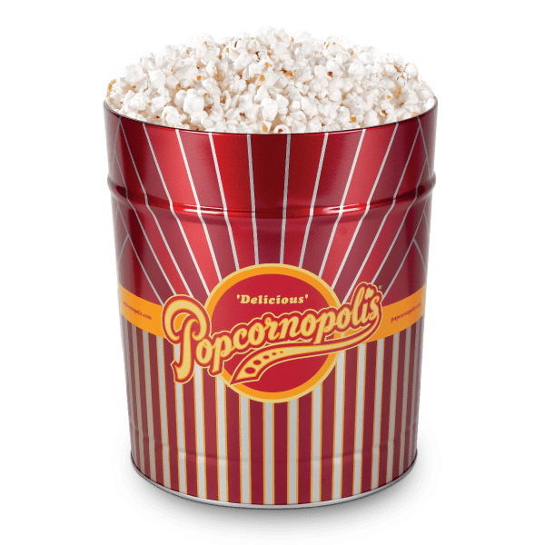 A picture of a 3.5-gallon Corporate Gifts Tins gourmet popcorn flavored Nearly Naked.