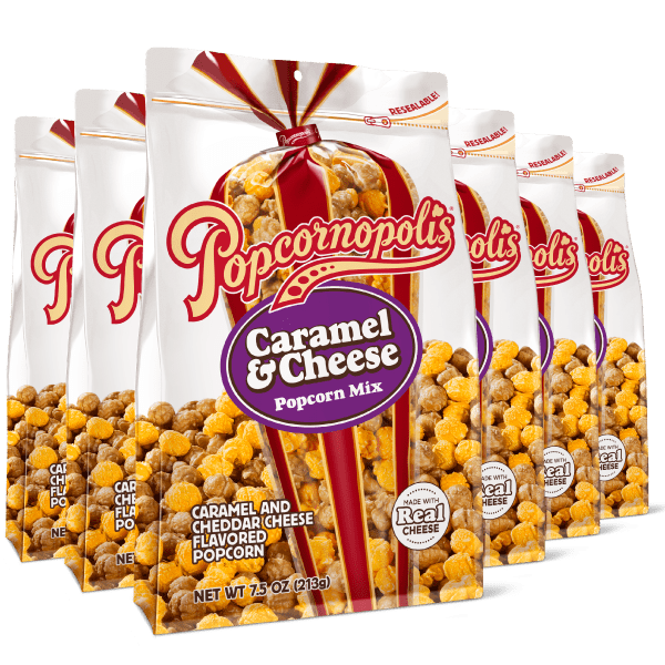 A picture of seven Pouches of Popcornopolis® flavored Caramel and Cheese gourmet popcorn.