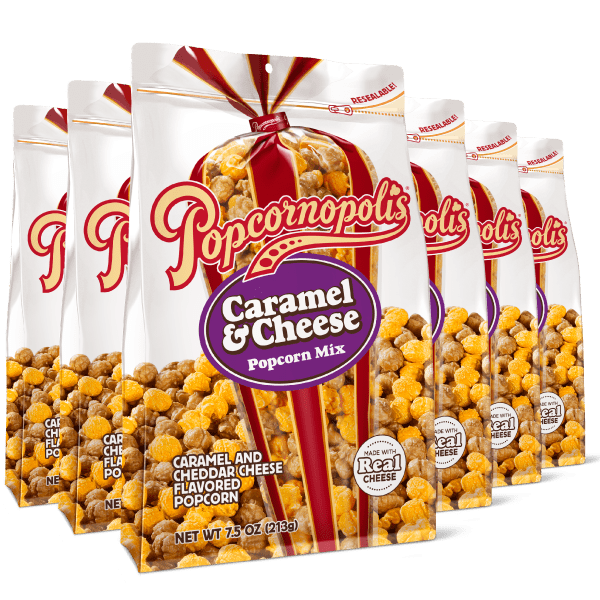 A picture of seven Pouches of Popcornopolis® flavored Caramel and Cheese gourmet popcorn.