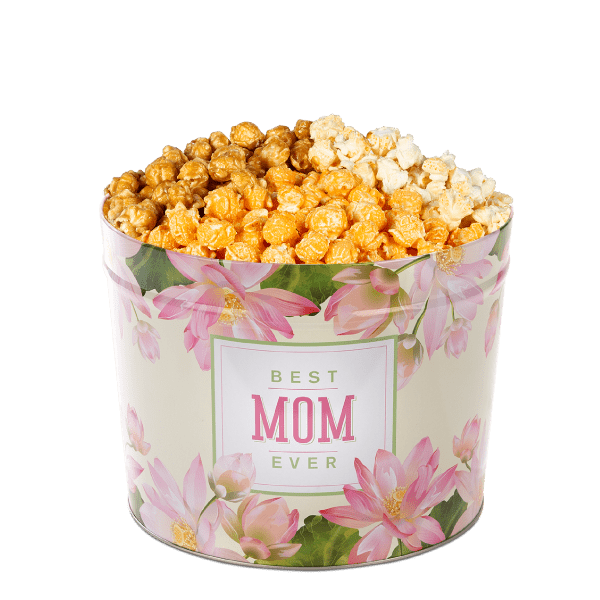 A picture of a Best Mom Ever 2-Gallon Tin assortment with gourmet popcorn flavored with Caramel Corn, Cheddar Cheese and Kettle Corn.
