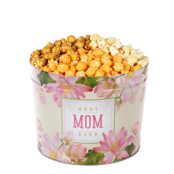 A picture of a Best Mom Ever 2-Gallon Tin assortment with gourmet popcorn flavored with Caramel Corn, Cheddar Cheese and Kettle Corn.