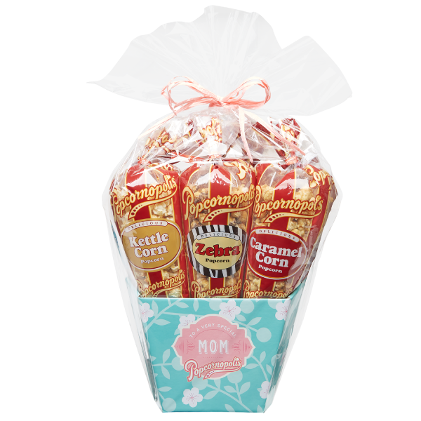 A picture of gourmet popcorn. A Mother's Day 7 cone gift basket flavor Zebra® Popcorn, Kettle Corn Caramel Corn popcorn with floral decoration.
